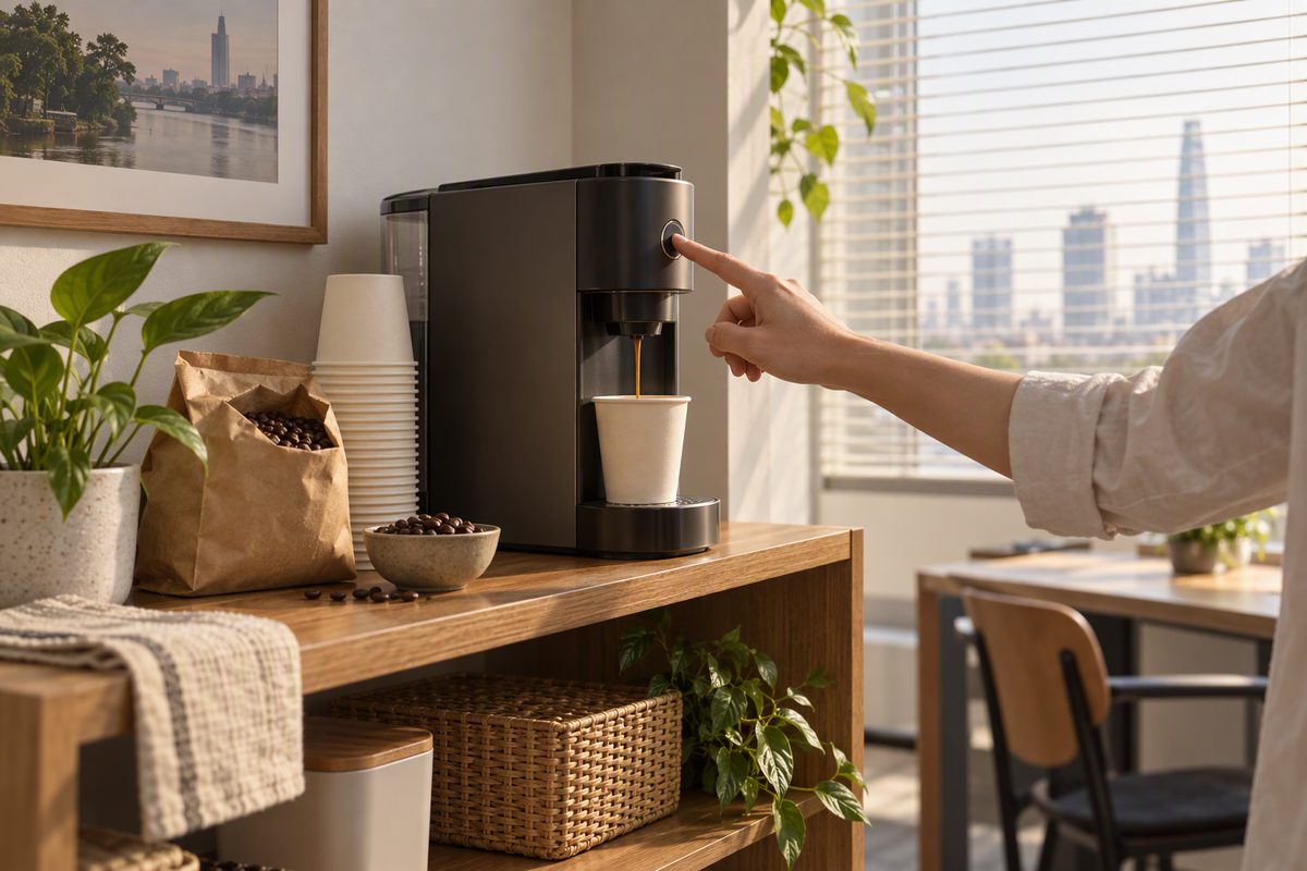 Góc pha chế nhỏ trong văn phòng với máy cà phê và ly giấy