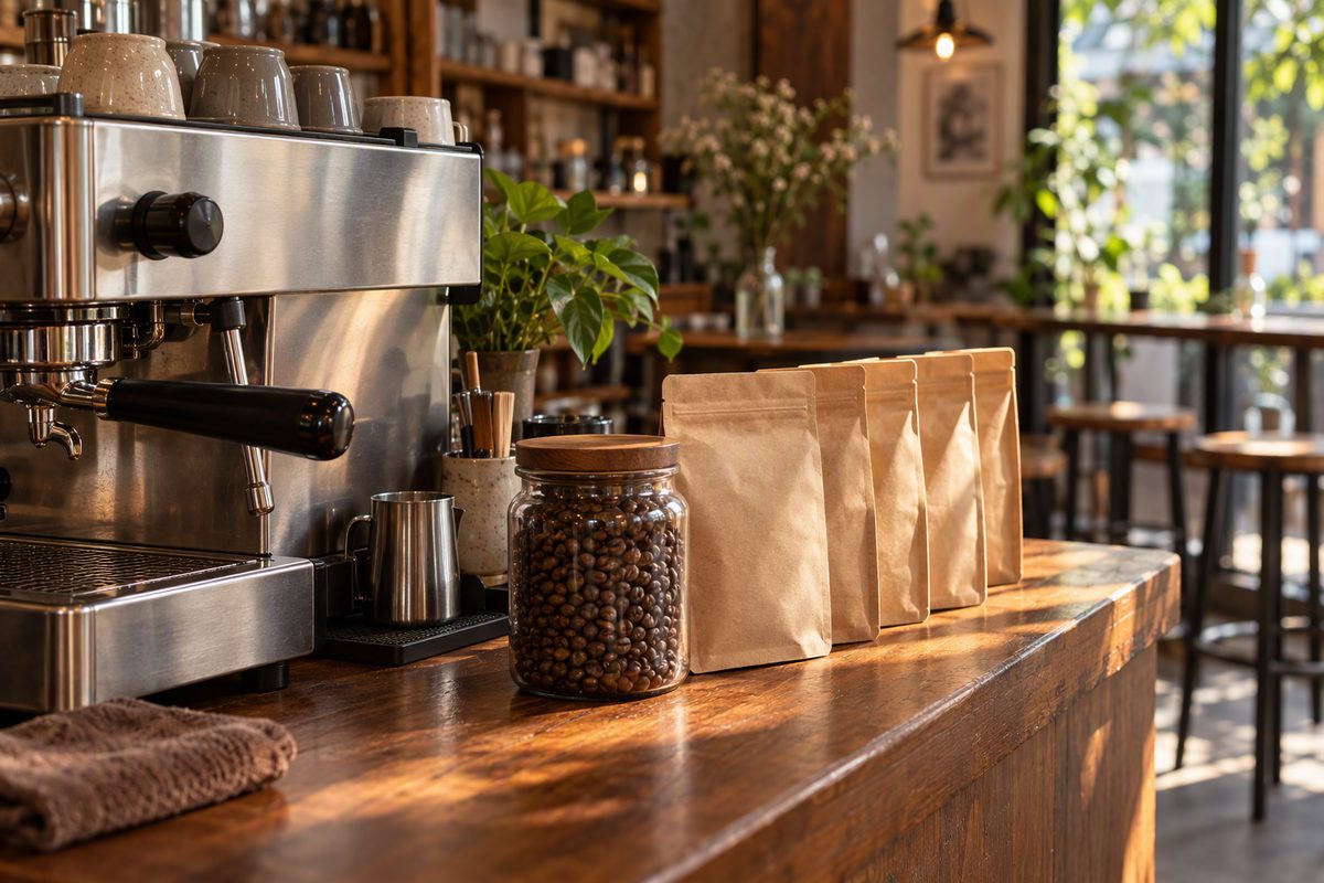 Quầy cà phê nhỏ với máy pha espresso, hũ hạt và các túi cà phê rang xay